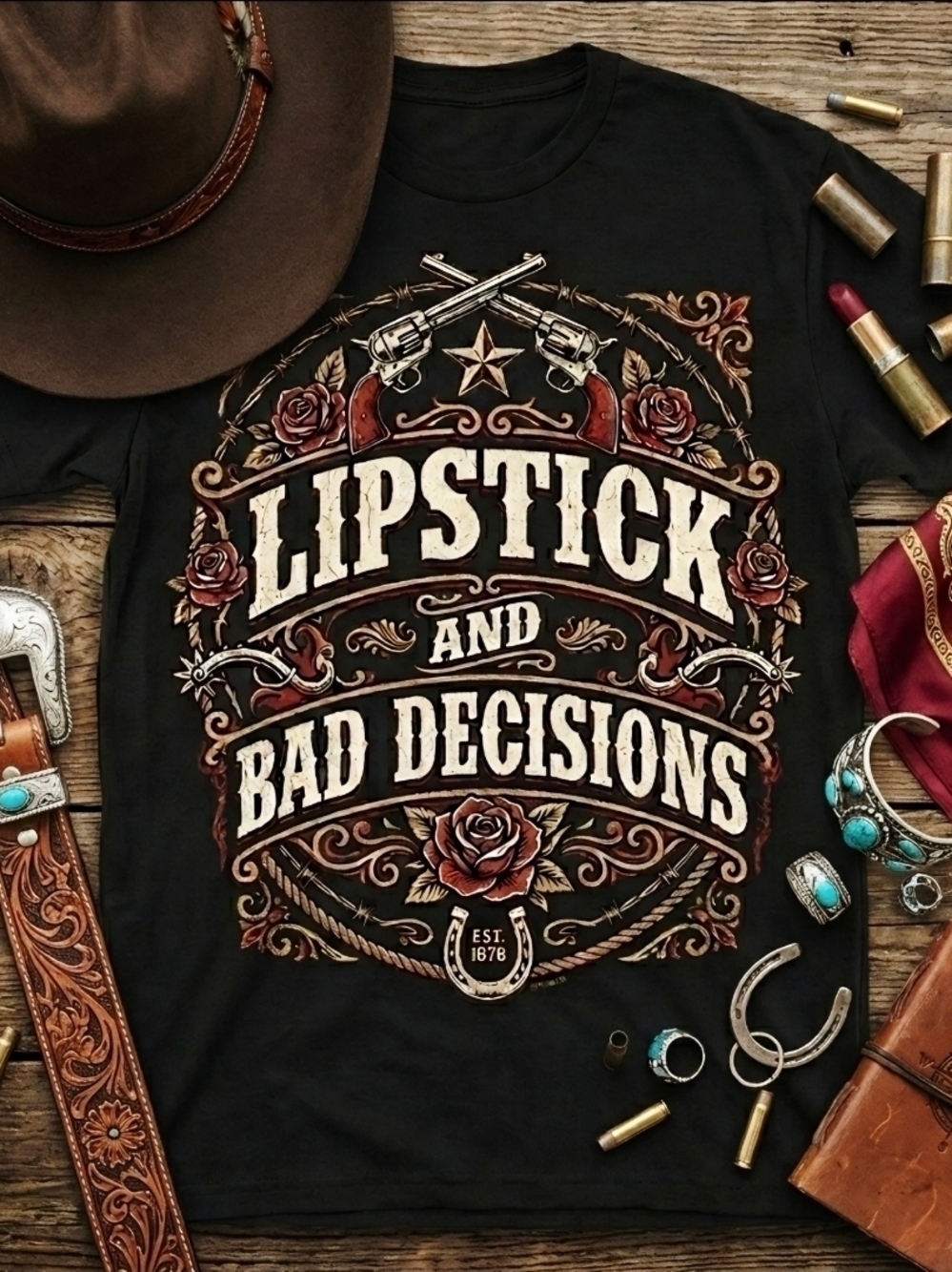 Lipstick and Bad Decisions Western Graphic Tee • Guns & Roses Cowgirl Shirt •